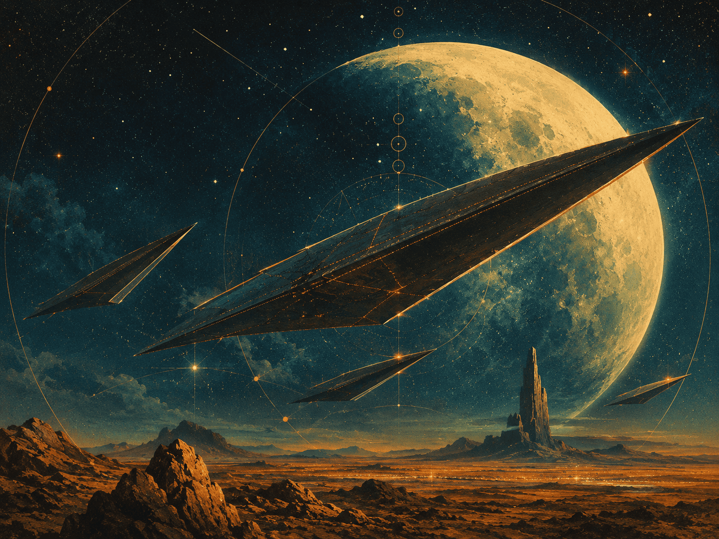 Naves espaciais triangulares cruzando o céu diante de uma grande lua